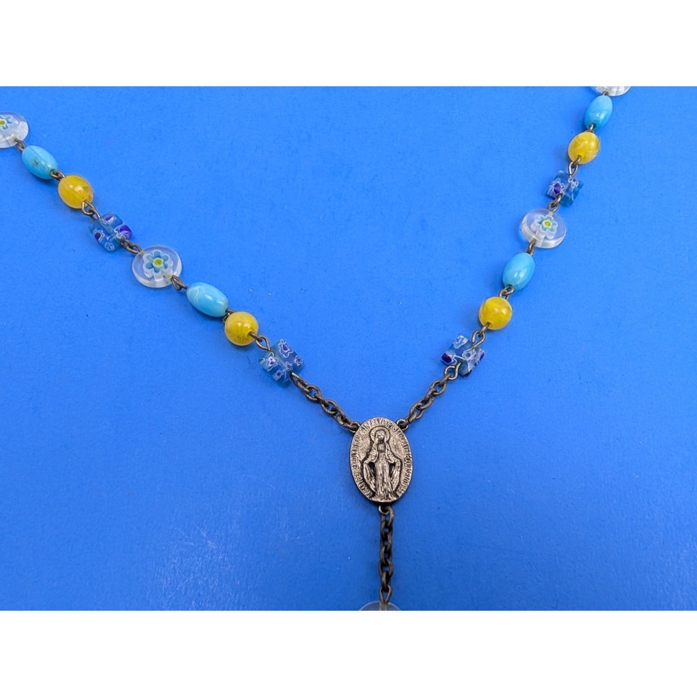 Vintage Murano Style Art Glass Floral Blue Beaded Catholic Rosary (No Cross)